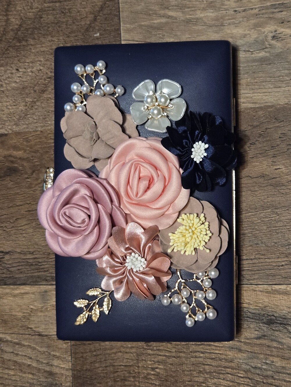 Elegant Navy Clutch with Pink Floral Appliqué